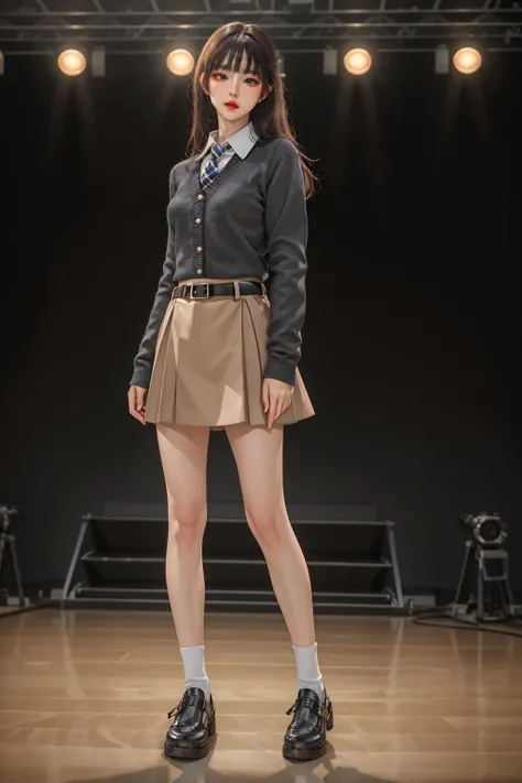 highres,absurdres,masterpiece,best quality,original,extremely detailed CG,extremely detailed wallpaper,perfect lighting,jitome,lips,makeup,standing on the stage,blurry background,
<lora:dating_attire_style2_v2:0.6>,dating attire,sweater jacket,necktie,collared shirt,brown skirt,belt,