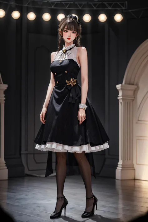highres,absurdres,masterpiece,best quality,original,extremely detailed CG,extremely detailed wallpaper,perfect lighting,blurry background,Standing on the stage,
<lora:dating_attire_style3_v1:0.7>,dating dress,pantyhose,high heels,
