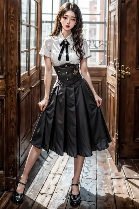 best quality,masterpiece,highres,original,extremely detailed wallpaper,perfect lighting,extremely detailed CG,<lora:add_detail:0.3>,perfect_photography.txt,
<lora:dating_attire_vol1_style6_v1:0.7>,cyb skirt,cyb shirt,high-waist skirt,neck ribbon,