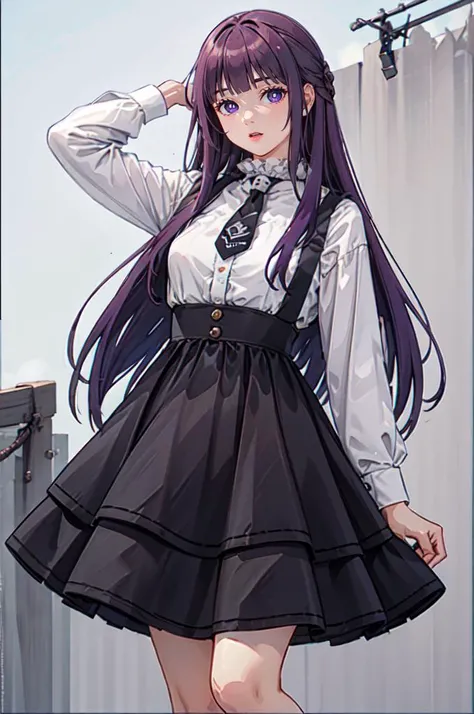 <lora:dating_attire_style4_v1:0.55> cyb dress, cyb shirt, cyb skirt, necktie, suspender skirt, suspenders, <lora:Fern:1> FernFrieren, very long hair, purple eyes, (purple pupils),, ultra detailed, masterpiece, best quality, aesthetic, detailed,