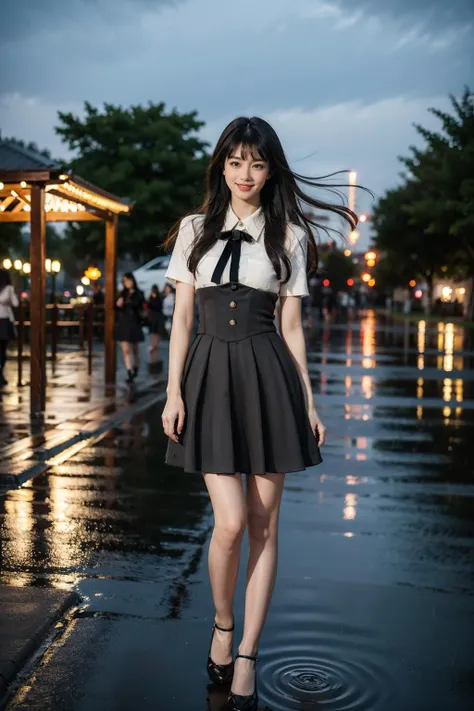 best quality, masterpiece, photorealistic, 1girl, solo, full body, standing, long black straight hair, blunt bangs, looking at viewer, smile, cyb skirt, cyb shirt, high-waist skirt, neck ribbon, outdoors, people, shop, detailed background, night, rain, <lora:dating_attire_vol1_style6_v1:0.7>
