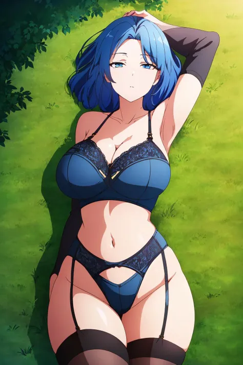 masterpiece,best quality,extremely delicate and beautiful,highres,original,
filmina,1girl,huge breasts,looking at viewer,medium hair,wide hips,((wearing revealing black lingerie and skintight thigh-highs)),navel,armpits,collarbone,blue eyes,blue hair,lying,
<lora:filmina:0.75>,