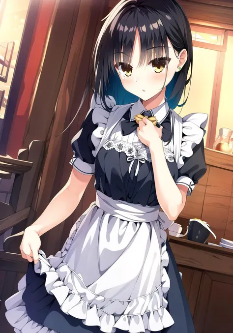 masterpiece, best quality, 1 girl, <lora:shikiNatsumeCafStellaToShinigamiNoChou_v1E2:0.7>, black hair, yellow eyes, maid outfit, medium breasts, coffee shop, cowboy shot