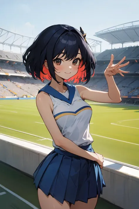 masterpiece, best quality, absurdres, perfect anatomy, 1girl, solo, multicolored hair, HaruCheerUniform, blue skirt,  smile, stadium scene