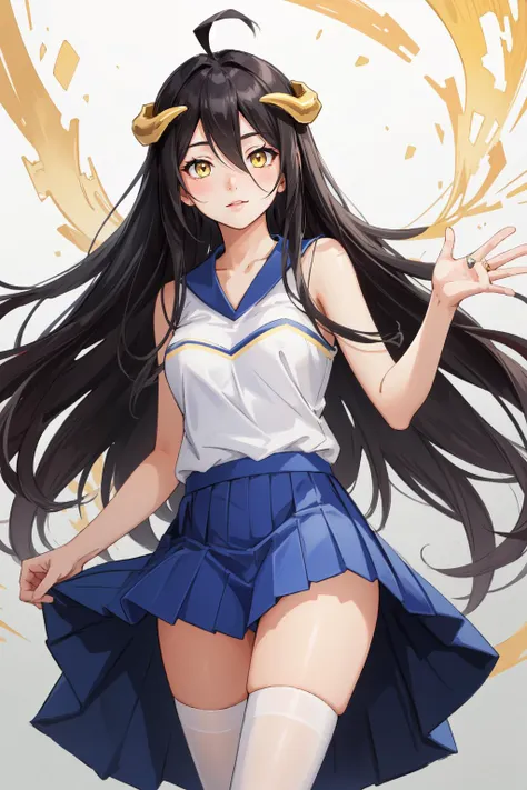 (masterpiece, best quality),  intricate details,
1girl,    <lora:albedotest:0.8>albedo, ahoge, black hair, horns, long hair, (yellow eyes:1.3),
 <lora:HaruCheer:0.8> HaruCheerUniform, blue skirt,