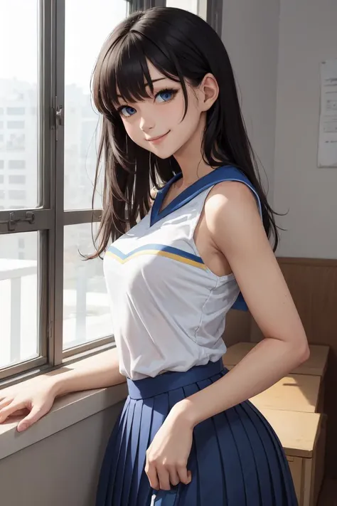 masterpiece, best quality, absurdres, perfect anatomy, 1girl, solo, black hair, long hair, blue eyes, HaruCheerUniform, blue skirt, smile