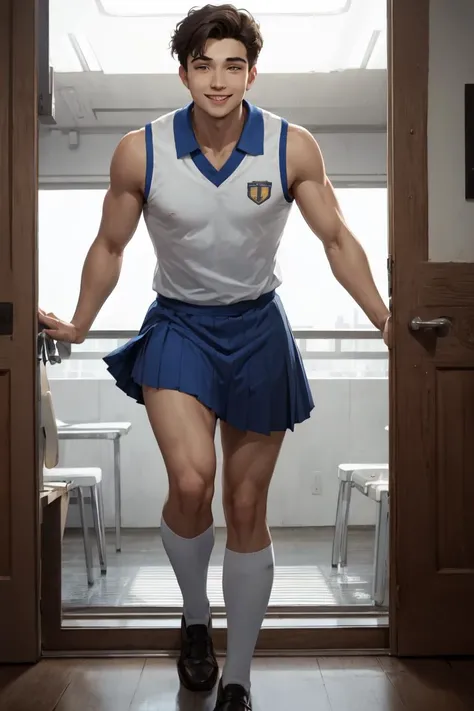 masterpiece, best quality, absurdres, perfect anatomy, 1boy, solo, benny, HaruCheerUniform, sleeveless, blue skirt, smile, <lora:benny-fnv-richy-v1:0.7>