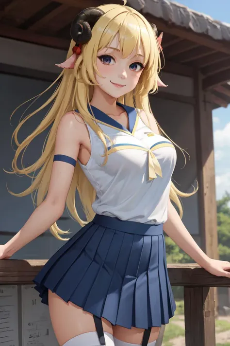 masterpiece, best quality, absurdres, perfect anatomy, 1girl, solo, Tsunomaki Watame, long hair, sheep ears, HaruCheerUniform, blue skirt, smile
