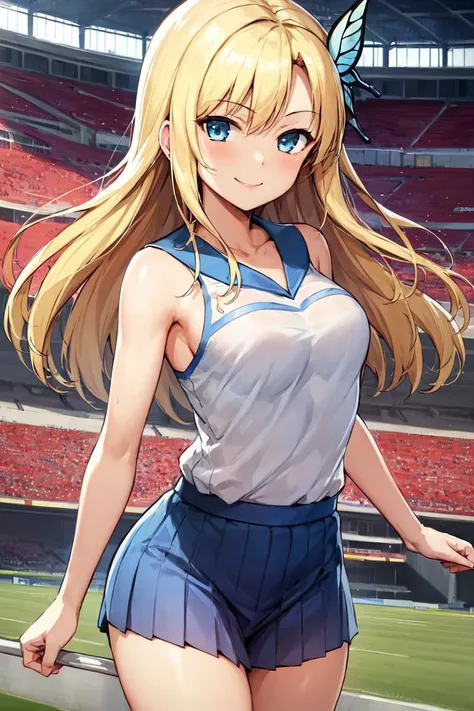 masterpiece, best quality, absurdres, perfect , 1girl, solo, Sena Kashiwazaki, long hair, butterfly hair ornament, HaruCheerUniform, blue skirt,  smile, stadium scene