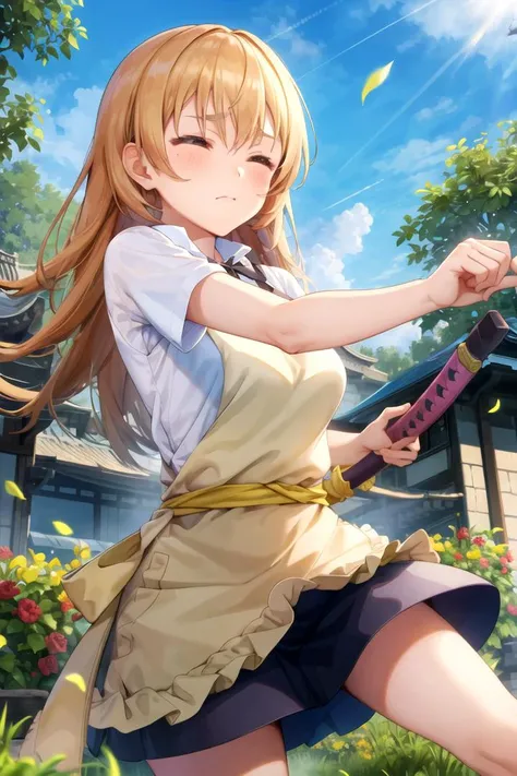 masterpiece, best quality, 1girl, <lyco:Yachiyo-000006:1.0>, todoroki yachiyo, white shirt, ribbon, apron, skirt, outdoors, standing, fighting stance, v-shaped eyebrows, holding katana, closed eyes