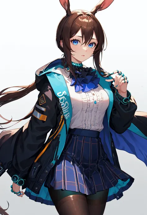 best quality, masterpiece, highres, solo, (amiya_arknights:1.10), 1girl, ascot, long sleeves, open jacket, white shirt, black jacket, blue skirt, looking at viewer, pleated skirt, black pantyhose, plaid skirt, miniskirt, cowboy shot, hooded jacket, closed mouth, multiple rings, thumb ring, brown pantyhose, 1 <lora:amiya_arknights:0.80>