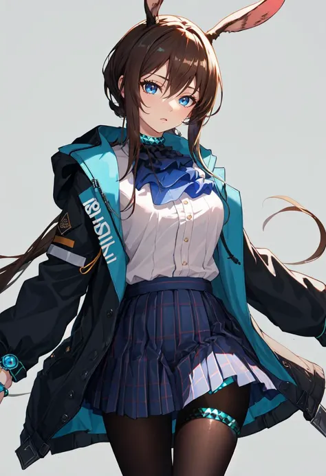 best quality, masterpiece, highres, solo, (amiya_arknights:1.10), 1girl, ascot, long sleeves, open jacket, white shirt, black jacket, blue skirt, looking at viewer, pleated skirt, black pantyhose, plaid skirt, miniskirt, cowboy shot, hooded jacket, closed mouth, multiple rings, thumb ring, brown pantyhose, 0 <lora:amiya_arknights:0.80>