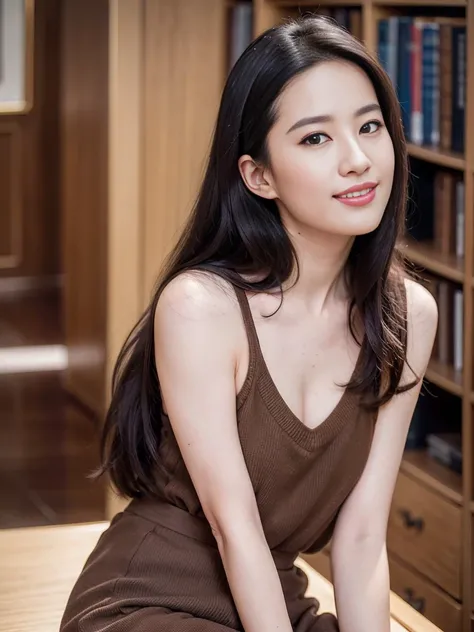 beautiful, sony a7, 50 mm, hyperrealistic, pores, wrinkles, concept art, colors, hyperdetailed, high details, 8k, uhd, bokeh, solo,smile,(photorealistic:1.4),(raw photo:1.2),official art,(extremely detailed CG:1.2), (masterpiece:1.2), (best quality:1.2),looking at viewer,(1girl),(long hair),standing,(japan tradition dress:1.05),dynamic pose,((brown skirt)),(golden jewelry), larger breasts, sunlight, library, inroom, sun shone in through the window<lora:Fairy sister_V6:0.6>, masterpiece, best quality,
