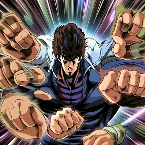 <lora:rushpunch001:0.7>, 40_HNKstyle style, kenshiro, beard, solo,upper body, up, jacket, rushpunch, punching, multiple hands <lora:HNKstyle-000001:0.7>,