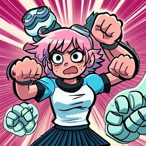 <lora:rushpunch001:0.6>, 6_blomalley, 1girl,solo, pink hair, skirt, goggles, rushpunch,punching,clenched hands, <lora:BryanLeeOMalley:0.8>
