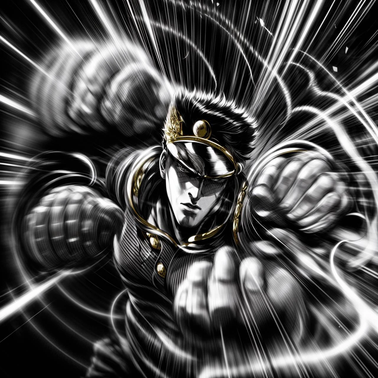 masterpiece, intricate detail, highly detailed, best quality, studio lighting, 4K, 8K,
<lora:detail_slider_v4:1>,
<lora:add_detail:0.2>,
<lora:more_details:0.4>,
<lora:emotion_angry_slider_v1:1>,
<lora:rushpunch001:0.5>, rushpunch,, punching,, clenched hands,, too much,, multiple hands,, extra arms, , aura, , foreshortening,, incoming attack,, motion lines,, speed lines,, afterimage,, motion_blur,, energy, , glowing,
<lora:jotaro:0.6>, kujo jotaro, jojo style, male focus, chain, buttonless, stud earring,