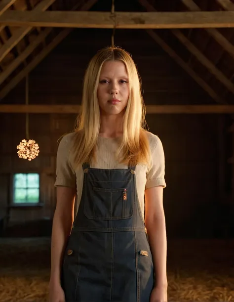 high resolution photo full body shot of m1ag0th woman,long straight blonde hair,masterpiece,surreal lighting,volumetric lighting,bokeh,depth of field,cinematic,in a barn