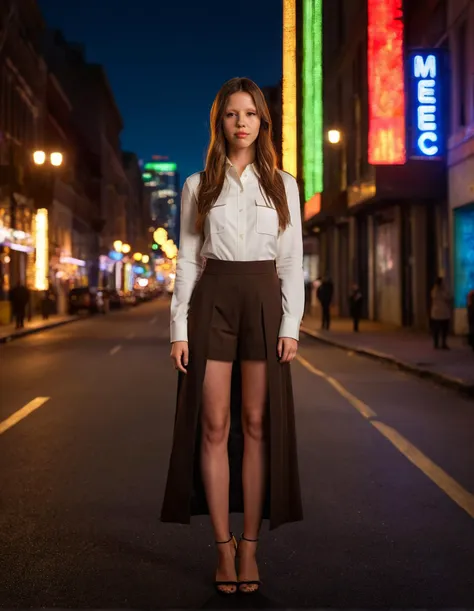 high resolution photo full body shot of m1ag0th woman,brown long straight hair,masterpiece,surreal lighting,volumetric lighting,bokeh,depth of field,cinematic,city street,neon lights