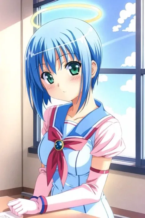 <lora:manabe_rika_v7-000004:0.7>, <lora:angelMagicalClothes_v3-000006:0.5>, masterpiece, best quality, manabe_rika, blue_hair, green eyes, 1girl, angelMagicalClothes, magical_girl, sailor_collar, crop_top, one-piece_swimsuit, elbow_gloves, halo, looking at viewer, solo, indoors, blush, upper_body, (classroom), desk, chair, sunlight, windows