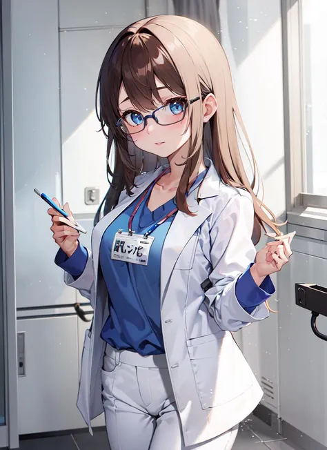 ((best quality)), ((highly detailed)), absurdres, (detailed eyes, deep eyes), (1girl), (glasses), <lora:slim_tall-plump_short:1.25>, cowboy shot, <lora:ClothingMedicalScrubs0:1>, blue scrubs, pants, name tag, white labcoat, loafers, dancer, dancing, inside, in a hospital