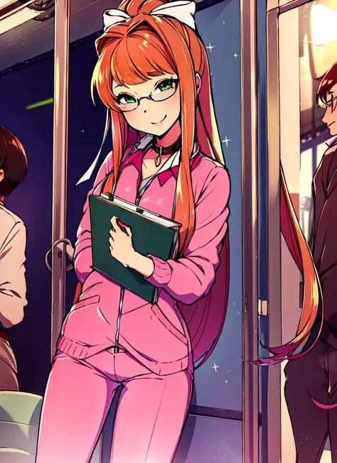 ((best quality)), ((highly detailed)), masterpiece, detailed face, beautiful face, , (1girl), (glasses), dynamic pose, cowboy shot, ((pet collar)), <lora:MonikaV1:.65>, Monika, (green eyes), brown hair, bangs, very long hair, long hair, ponytail, sidelocks, hair bow, white bow, smile, <lora:Fishnet:.7>, fishnets, fishnet bodysuit, <lora:ClothingMedicalScrubs0:1>, pink scrubs, pants, name tag, holding clipboard, high heels,shrug_(clothing), sunset, (indoors, on a train), <lora:Merunyaa_Style_Dim32:.75>