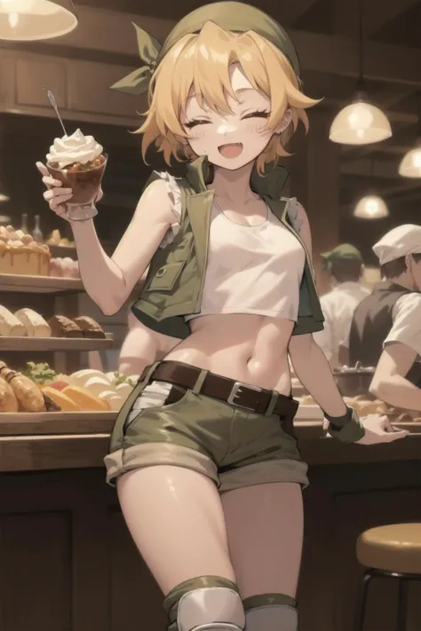 <lora:LoRA_Eri:1>, small breasts, eridef,
blonde hair, vest, bandana, shorts, midriff, crop top, belt, short shorts, hat, knee pads,
1girl, solo, happy, food, lively atmosphere