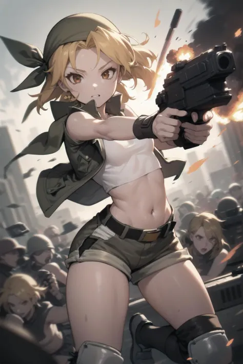 <lora:LoRA_Eri:1>, small breasts, brown eyes, eridef,
blonde hair, vest, bandana, breasts, shorts, navel, midriff, crop top, belt, short shorts, hat, knee pads,
1girl, solo, battlefield, dynamic angle, dirty, firing, chicken