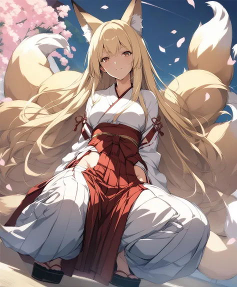 masterpiece, best quality
score_9, score_8_up, score_7_up, source_anime, best quality, masterpiece, 1girl, fox girl, multiple tails, blonde hair, very long hair, miko, japanese clothes, hakama short skirt, (hip vent:1.2), dutch angle, squatting