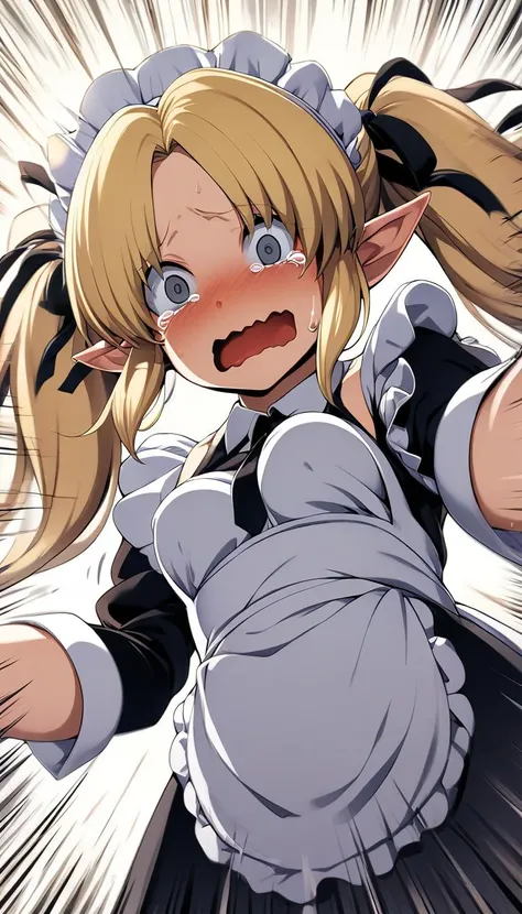 SFW, masterpiece, 1girl,medium breasts, blonde hair, twintails, hair over eyes, long bangs,parted bangs, (open_mouth,wavy mouth:1.2), cry, @ @, grey eyes, constricted pupils, tears, pointy ears, turn pale,hand on own, maid, black ribbon, portrait, looking at viewer, from below, dutch angle, (emphasis_lines:1.6)