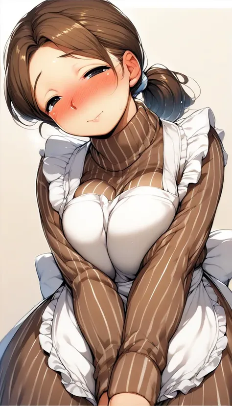 SFW, score_9, score_8_up, score_7_up,mature female:1.2,
1girl,fat:1.4,white apron,woman apron,frilled apron,blush,nose blush,  medium breasts, brown hair,ponytail, ,striped sweater,vertical stripes,brown sweater,taut sweater,(mole under mouth:0.3),closed mouth, breasts squeezed together,looking at viewer, from below, black eyes, half-closed eyes, solo,striped , portrait, ohaD