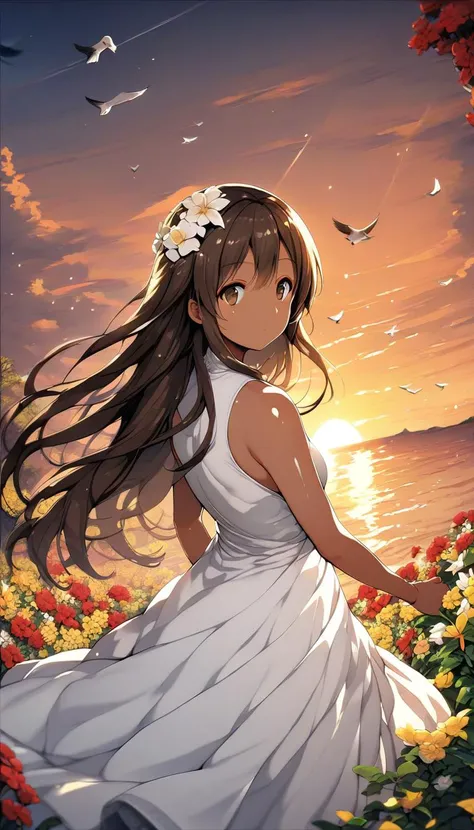 SFW,score_9, score_8_up, score_7_up,best quality, masterpiece,
1girl,adult dress,white dress,bare shoulders, sleeveless, holding skirt,long hair , long bang, dark brown hair,hair flower ,brown eyes, dot mouth,  solo,cowboy shot,(dark skin:1.2),shiny skin, 
(sunset,bird,flower:1.2),nightfall, sea,forest,  white flower,flower field, red flower, yellow flower,  red theme, nature,outdoors, sunbeam,lens flare,looking back,