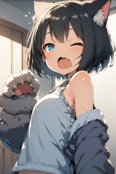 sfw, score_9, score_8_up, score_7_up, source_anime, best quality, masterpiece, 1girl, cat girl, monster girl, short hair, black hair, bob cut, claws, tail, small breasts, toned, pajamas, indoors, looking at viewer, fang, upper body, from side, (sleepy:1.1), one eye closed, (yawning:1.1), open mouth, arm up, leaning back