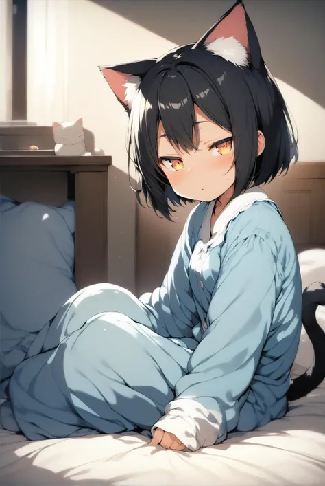 sfw, score_9, score_8_up, score_7_up, source_anime, best quality, masterpiece, 1girl, cat girl, cat ears, monster girl, sidelocks, black hair, bob cut, tail, small breasts, toned, pajamas, long pants, sleeves past fingers, long sleeves, sleeves past wrists, indoors, on bed, looking at viewer, from side, (sleepy:1.2), half-closed eyes, parted lips, sitting, (wariza:1.1), arms between legs