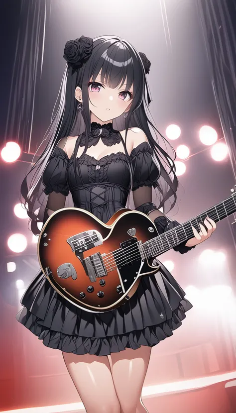 swedish metal rock girl holding a guitar, intense stare into camera, with gothic make-up, intricate details, highly detailed eyes, fancy hair and dark gothic dress, flash photo, on stage, intricate details