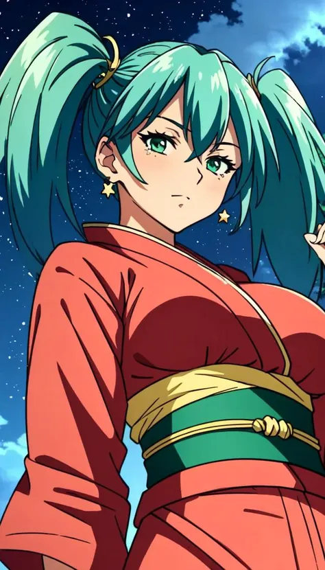 <lora:Ryofu Housen:1> Ryofu Housen, 1girl, breasts, solo, large breasts, twintails, red outfit, kimono, green hair, skirt, from below, green eyes, earrings, jewelry, looking down, looking at viewer, sky, night sky, tree, outdoors, star (sky), upper body, starry sky, looking at viewer, anime coloring, retro anime style, ((Extremely Detailed)), ((Best Quality)), ((Masterpiece)), ((4k))