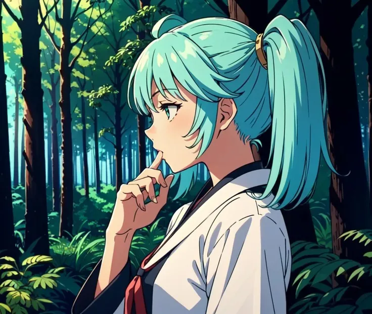 <lora:Ryofu Housen:1> Ryofu Housen, 1girl, solo, tree, aqua hair, profile, twintails, night, long sleeves, nature, forest, upper body, outdoors, hand to own mouth, finger to mouth, Hour Glass Figure, shrine, ((masterpiece)), ((Extremely Detailed)), ((Ultra Quality)), ((8k))