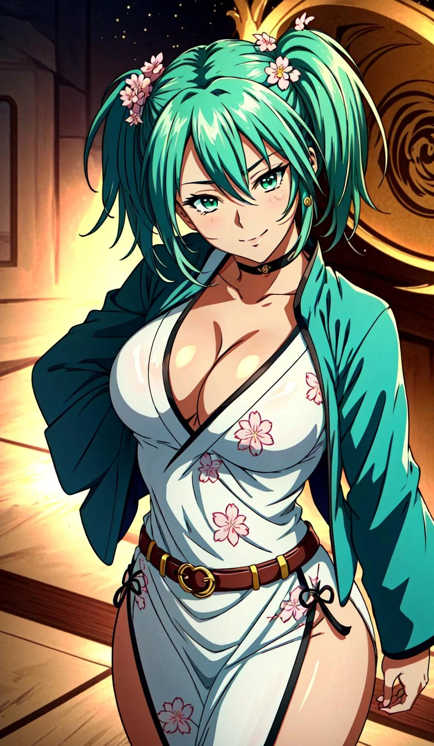 <lora:Ryofu Housen:1> Ryofu Tousen, 1girl, breasts, solo, panties, twintails, large breasts, skirt, cleavage, green eyes, jacket, green hair, aqua hair, short twintails, smile, (chinese qipao, white qipao), sakura pattern, bracelet, looking at viewer, belt, smile, choker, perfect lighting, ((shining face, shining body)), perfect face, make up, eye shadow, ((gorgeous)), Extremely beautiful, perfect, (masterpiece:1.2), (best quality:1.2), cinematic, perfect skin, perfect lighting, textured skin, detail, beauty, overall, hour glass body, sharp focus, ultra-detailed, illustration, perfect face, ((gorgeous)), Extremely beautiful, perfect, detailed background, seductive, alluring, Standing in Japanese Shrine Garden, ((shonen anime style)), (detailed background, intricate background:1.1), beautiful ((Extremely Detailed)), ((Best Quality)), ((Masterpiece)), ((4k))