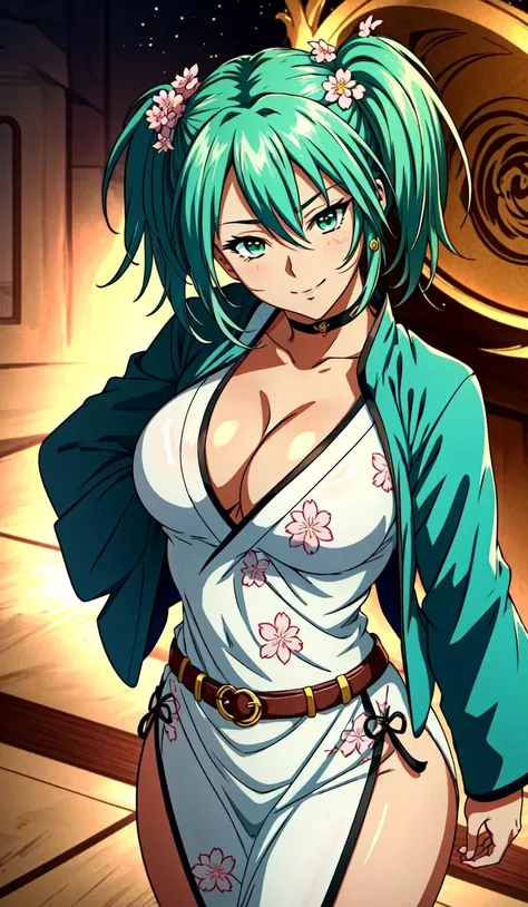 <lora:Ryofu Housen:1> Ryofu Tousen, 1girl, breasts, solo, panties, twintails, large breasts, skirt, cleavage, green eyes, jacket, green hair, aqua hair, short twintails, smile, (chinese qipao, white qipao), sakura pattern, bracelet, looking at viewer, belt, smile, choker,  perfect lighting, ((shining face, shining body)), perfect face, make up, eye shadow, ((gorgeous)), Extremely beautiful, perfect, (masterpiece:1.2), (best quality:1.2), cinematic, perfect skin, perfect lighting, textured skin, detail, beauty, overall, hour glass body, sharp focus, ultra-detailed, illustration, perfect face, ((gorgeous)), Extremely beautiful, perfect, detailed background, seductive, alluring, Standing in Japanese Shrine Garden, ((shonen anime style)), (detailed background, intricate background:1.1), beautiful ((Extremely Detailed)), ((Best Quality)), ((Masterpiece)), ((4k))