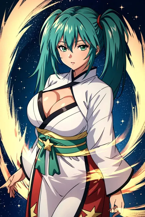 <lora:Ryofu Housen:1> Ryofu Housen, 1girl, solo, breasts, skirt, twintails, cleavage, large breasts, green eyes, green hair, bangs, full body, sky, night sky, tree, outdoors, star (sky), upper body, starry sky, looking at viewer, japanese clothing, (qipao), hour glass body, ((Extremely Detailed)), ((Best Quality)), ((Masterpiece)), ((4k))