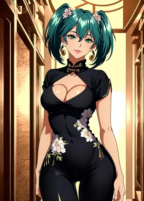 <lora:Ryofu Housen:1> Ryofu Housen, 1girl, solo, breasts, cleavage, twintails, green hair, green eyes, earrings, jewelry, smile, large breasts, collarbone, upper body, medium breasts, (((chinese qipao, Black Leggings, Boots,))) upper body, hallway, perfect lighting, ((shining face, shining body)), seductive look, perfect face, make up, eye shadow, gloss lips ((mature_woman)), ((adult woman)), ((gorgeous)), (iluminated face),(perfect quality), Extremely beautiful, perfect, hour glass body, (masterpiece:1.2), (best quality:1.2), cinematic, perfect skin, perfect lighting, textured skin, detail, beauty, wonder, sharp focus, ultra-detailed, illustration, perfect face, ((gorgeous)), Extremely beautiful, perfect, detailed background, alluring, standing, (detailed background, intricate background:1.1), beautiful, ((Extremely Detailed)), ((Best Quality)), ((Masterpiece)), ((4k))