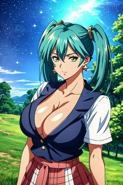 <lora:Ryofu Housen:1.2> Ryofu Housen, 1girl, breasts, solo, large breasts, twintails, school uniform, green hair, skirt, green eyes, cleavage, earrings, jewelry, no bra, looking at viewer sky, night sky, tree, outdoors, star (sky), upper body, starry sky, looking at viewer, anime coloring, retro anime style, ((Extremely Detailed)), ((Best Quality)), ((Masterpiece)), ((4k))