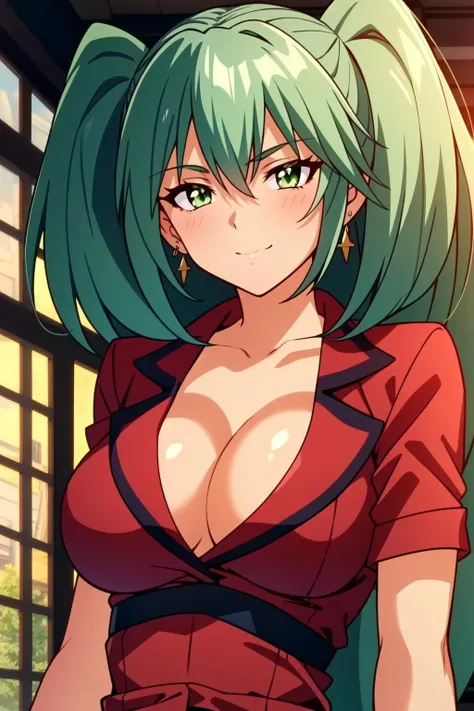 <lora:OGT_Ryofu_Housen-v2:0.9> Ryofu Tousen, 1girl, solo, breasts, cleavage, twintails, green hair, green eyes, earrings, jewelry, smile, large breasts, collarbone, upper body, medium breasts, indoors, mature woman, (masterpiece, Best Quality, Extremely Detailed, Ultra Quality, 4k)