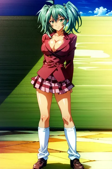 <lora:OGT_Ryofu_Housen-v2:1> Ryofu Tousen, 1girl, solo, breasts, skirt, twintails, cleavage, large breasts, socks, loose socks, green eyes, jacket, green hair, school uniform, shoes, full body, plaid, looking at viewer, blazer, standing, buttons, loafers, plaid skirt, smile, pleated skirt, arms behind back, brown footwear, white socks, bangs, long sleeves, ahoge, miniskirt, kneehighs, (masterpiece, Best Quality, Extremely Detailed, Ultra Quality, 4k)