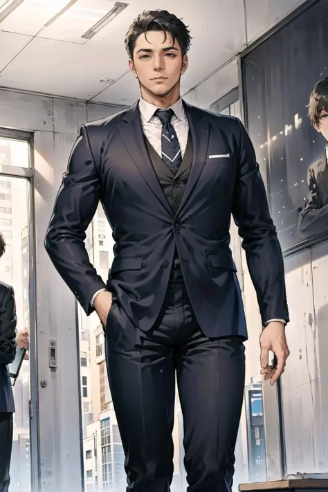 ((photo realistic)), (((one men only in the picture))), 20 years old mature beefy bulky Hiroshi sleeping in a moving train wearing formal suit, slack pants, man spreading, legs wide open, long shot from the front, very tight pants, thiccc, big thigh, visible bulge