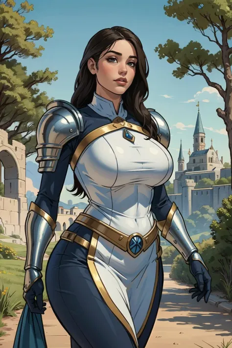 medieval, armored female, (young youthful female:1.4), (thicc), cowboy shot, fantasy background, castle, trees, ((masterpiece:1.2)), ((best quality:1.2)), <lora:NacnacV2-000018:0.3>, <lora:CubzeV1Anything:0.25>, <lora:devilhsArtstyleLora_v10:0.15>, <lora:Dmitrys:0.15>, <lora:jim_lee_offset_right_filesize:0.2>, <lora:sxz-cherry-gig-new:0.15> <lora:sxz-mtg:0.25> , <lora:balsamique:0.2>, <lora:incaseStyleLora_incaseAnythingV3Lora:0.1>, <lyco:GoodHands-beta2:1.0>