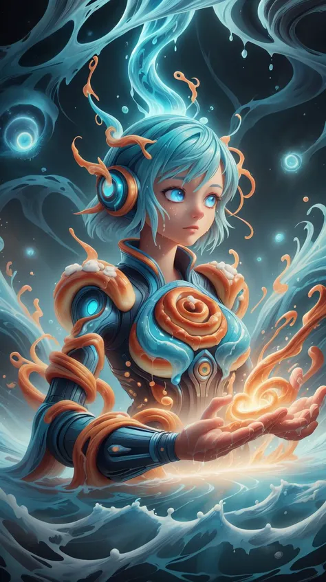 <lora:CinnamonBunStyle:1.0>CinnamonBunStyle Style-GravityMagic, portrait, solo, upper body, looking away, detailed background, detailed face, (<lora:WorldofIce:0.6>, magical,   scifi, worldofice theme:1.1),  water-sorcerer, Orange water themed clothing   casting water spell,  blue flames, blue fire, surrounded by vortex of water  <lora:waterVFX:0.2>, elemental harmony, intertwined fire and water, flames and waves, floating particles,    smoldering waves,  energy tendrils,  reflections,   powerful water magic,   backlighting, lake in background, epic atmosphere,, (Masterpiece:1.3) (best quality:1.2) (high quality:1.1)