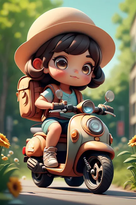 <lora:CinnamonBunStyle:1>CinnamonBunStyle 1girl,ground vehicle,motor vehicle,outdoors,shorts,brown hair,brown eyes,scooter,solo,child,bag,hat,long hair,short sleeves,shirt,flower,backpack,depth of field,blurry background, (Masterpiece) (best quality) (high quality)