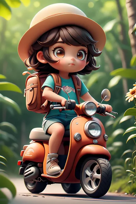 CinnamonBunStyle,1girl,ground vehicle,motor vehicle,outdoors,shorts,brown hair,brown eyes,scooter,solo,child,bag,hat,long hair,short sleeves,shirt,flower,backpack,depth of field,blurry background, (Masterpiece) (best quality) (high quality) <lora:CinnamonBunStyle:1>