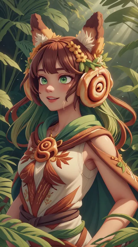 <lora:CinnamonBunStyle:1.0>CinnamonBunStyle solo, (full body:0.6), detailed background, detailed face, (<lora:DecorationBundlev2:0.6> EbonyGoldAI theme:1.1), biomancer, joyful, floral embroidered green druid sleeveless clothes, leaf cape, magical floral amulet, (green color scheme:1.1), channeling natural aura, glowing botanical patterns, floating leaves, natural harmony,,seasonal spells,,overgrowth, bluebells,,lavenders, gentle breeze, sunshine, ethereal atmosphere, **(animal ears, destruction, explosion, fire:1.2),**, (Masterpiece:1.3) (best quality:1.2) (high quality:1.1)