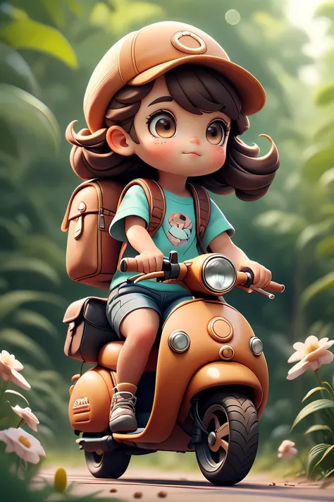 <lora:CinnamonBunStyle:1>CinnamonBunStyle 1girl,ground vehicle,motor vehicle,outdoors,shorts,brown hair,brown eyes,scooter,solo,child,bag,hat,long hair,short sleeves,shirt,flower,backpack,depth of field,blurry background, (Masterpiece) (best quality) (high quality)